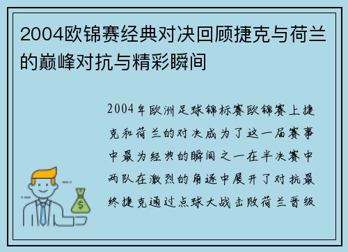 2004欧锦赛经典对决回顾捷克与荷兰的巅峰对抗与精彩瞬间