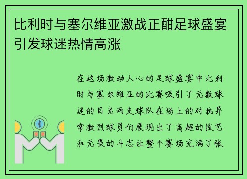 比利时与塞尔维亚激战正酣足球盛宴引发球迷热情高涨