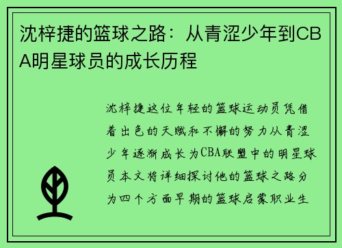沈梓捷的篮球之路：从青涩少年到CBA明星球员的成长历程