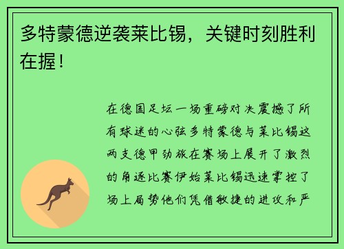 多特蒙德逆袭莱比锡，关键时刻胜利在握！