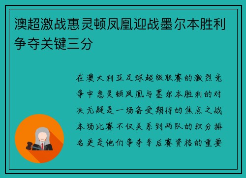 澳超激战惠灵顿凤凰迎战墨尔本胜利争夺关键三分
