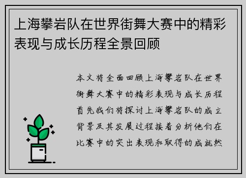 上海攀岩队在世界街舞大赛中的精彩表现与成长历程全景回顾