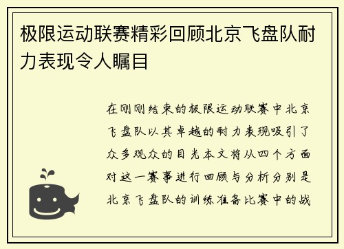 极限运动联赛精彩回顾北京飞盘队耐力表现令人瞩目