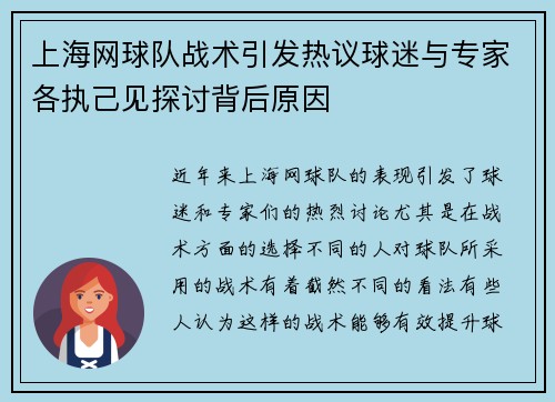 上海网球队战术引发热议球迷与专家各执己见探讨背后原因