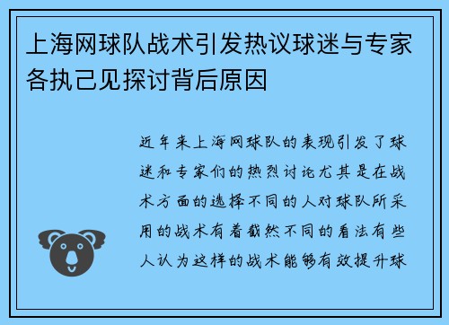 上海网球队战术引发热议球迷与专家各执己见探讨背后原因